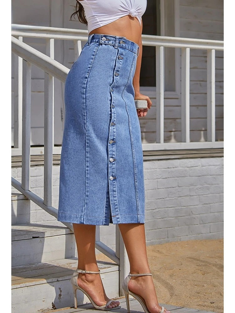 Denimkjolar - Button Up Side Split High Waist Midi-kjol - Perfekt för våren och sommaren