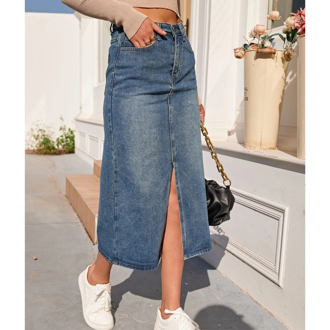 Denimkjolar - Vintage lång jeanskjol med slitsar i mitten - blå - Perfekt för vår och sommar