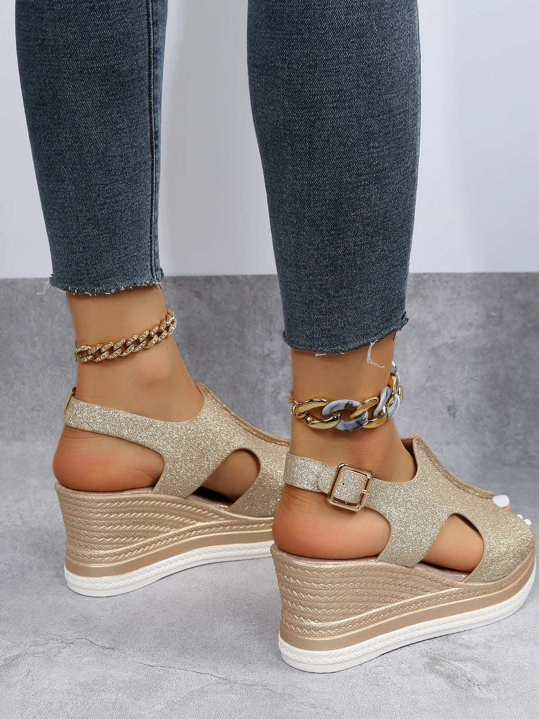 Wedge Heel Sandals for Women Adorned with Sequins
