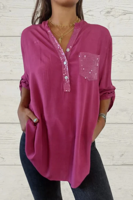 Jannicke Patchwork Skjorta med paljetter och V-ringning i patchwork-look