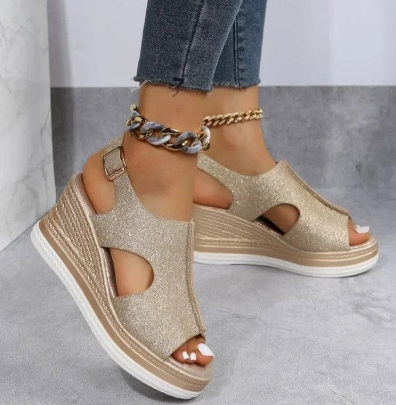 Wedge Heel Sandals for Women Adorned with Sequins