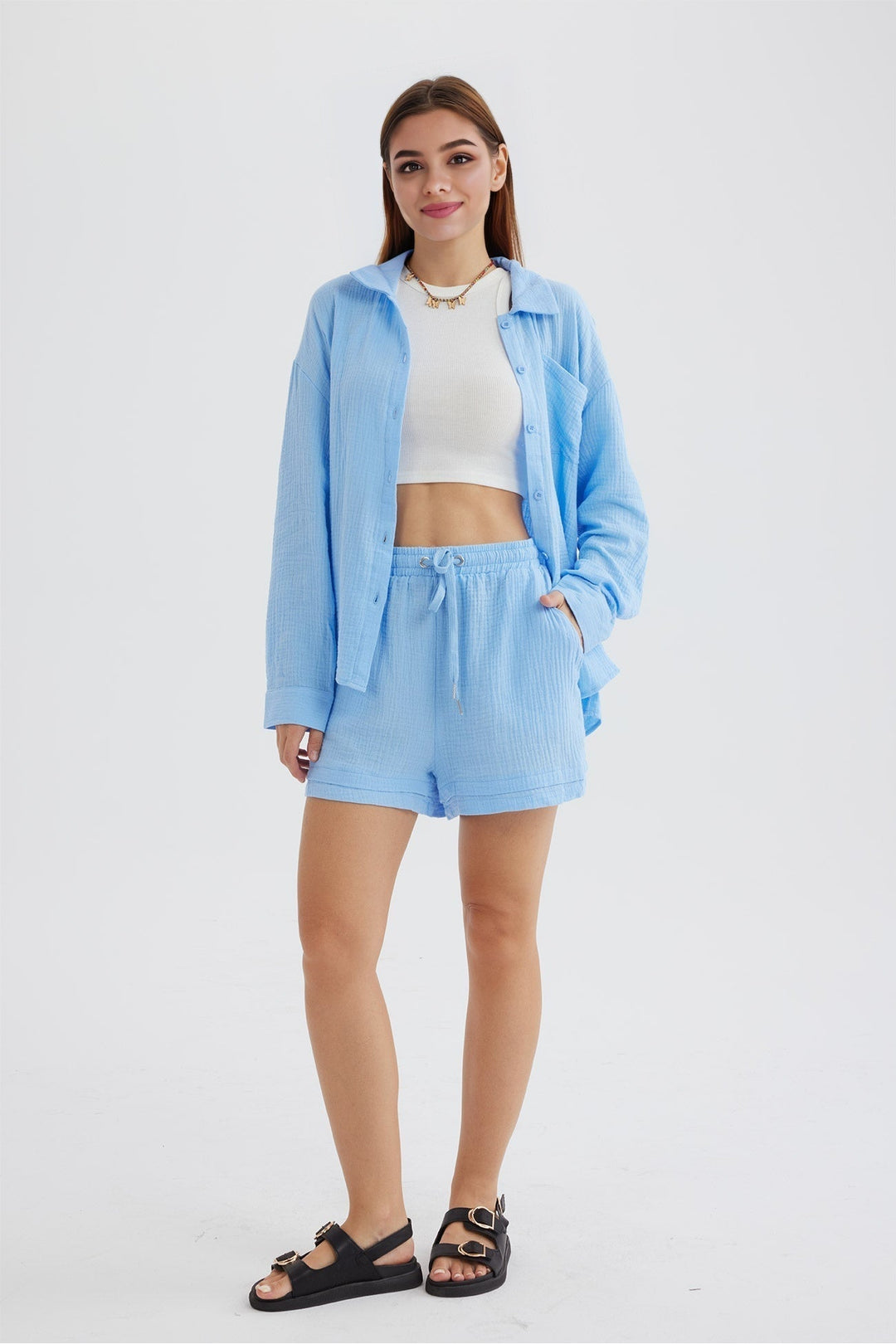 Damkläder - Långärmade toppar och shorts med mittknappar - Perfekt för vardags- och sommarkläder
