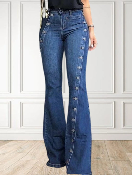 Valeska enfärgade jeans knappslå stil för kvinnor blå