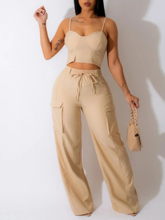 Damkläder - Casual Set - Ärmlös med tunna remmar Crop Top och byxor - Perfekt för fritids- och sommarkläder