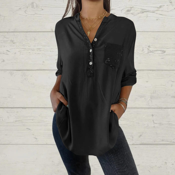 Jannicke Patchwork Skjorta med paljetter och V-ringning i patchwork-look