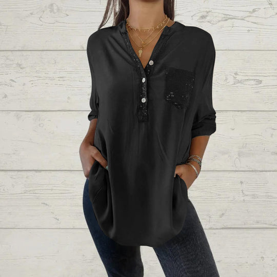 Jannicke Patchwork Skjorta med paljetter och V-ringning i patchwork-look