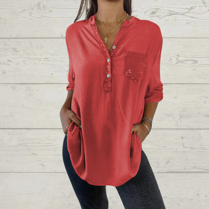 Jannicke Patchwork Skjorta med paljetter och V-ringning i patchwork-look