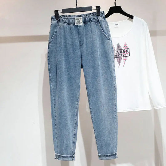 Damjeans med hög elastisk midja och ankellängd