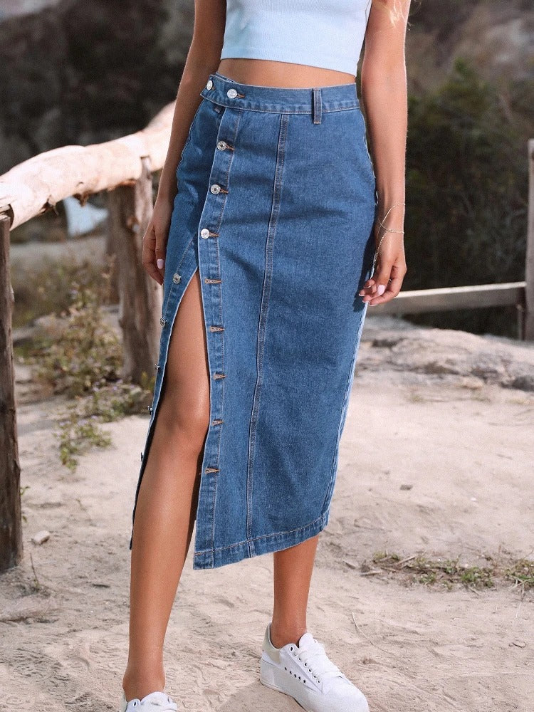 Denimkjolar - Button Up Side Split High Waist Midi-kjol - Perfekt för våren och sommaren