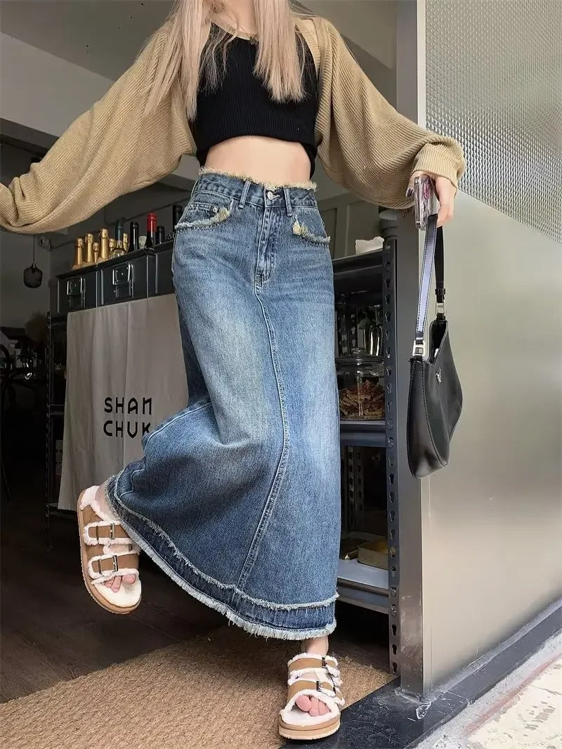 Denimkjolar - hög midja lång kjol med patchwork nertill - Perfekt för vår och sommar