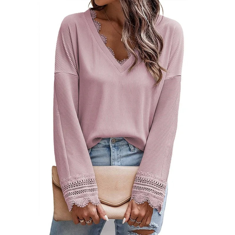 Sofia grovstickad V-ringad med fleece dam blus