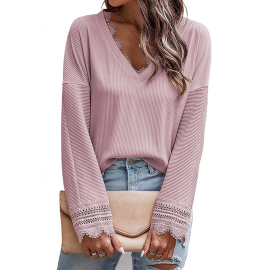 Sofia grovstickad V-ringad med fleece dam blus