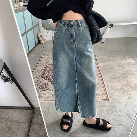 Denimkjolar - lång kjol med slitsar i mitten, hög midja - Perfekt för vår och sommar