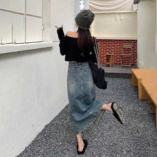 Denimkjolar - lång kjol med slitsar i mitten, hög midja - Perfekt för vår och sommar