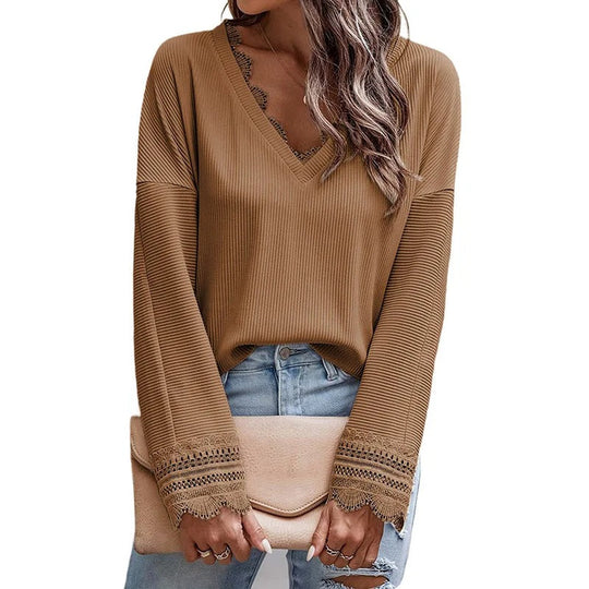 Sofia grovstickad V-ringad med fleece dam blus