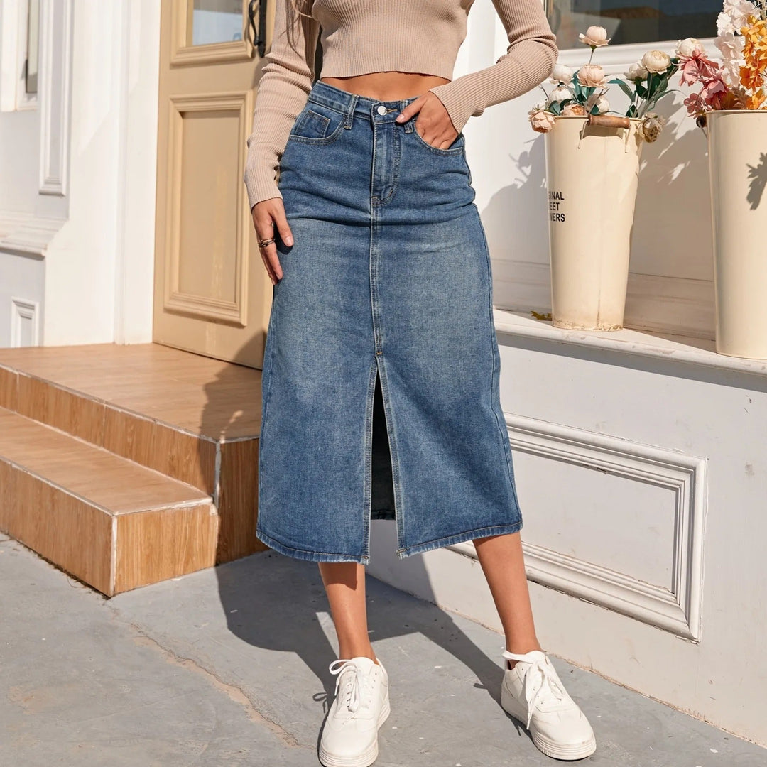 Denimkjolar - Vintage lång jeanskjol med slitsar i mitten - blå - Perfekt för vår och sommar