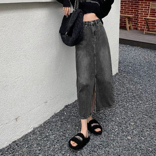 Denimkjolar - lång kjol med slitsar i mitten, hög midja - Perfekt för vår och sommar