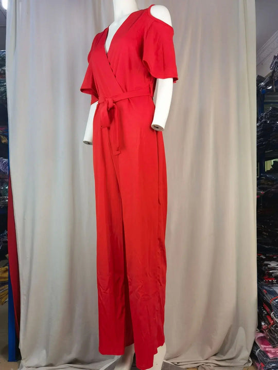 Enkel gul jumpsuit med vida ben och V-ringning