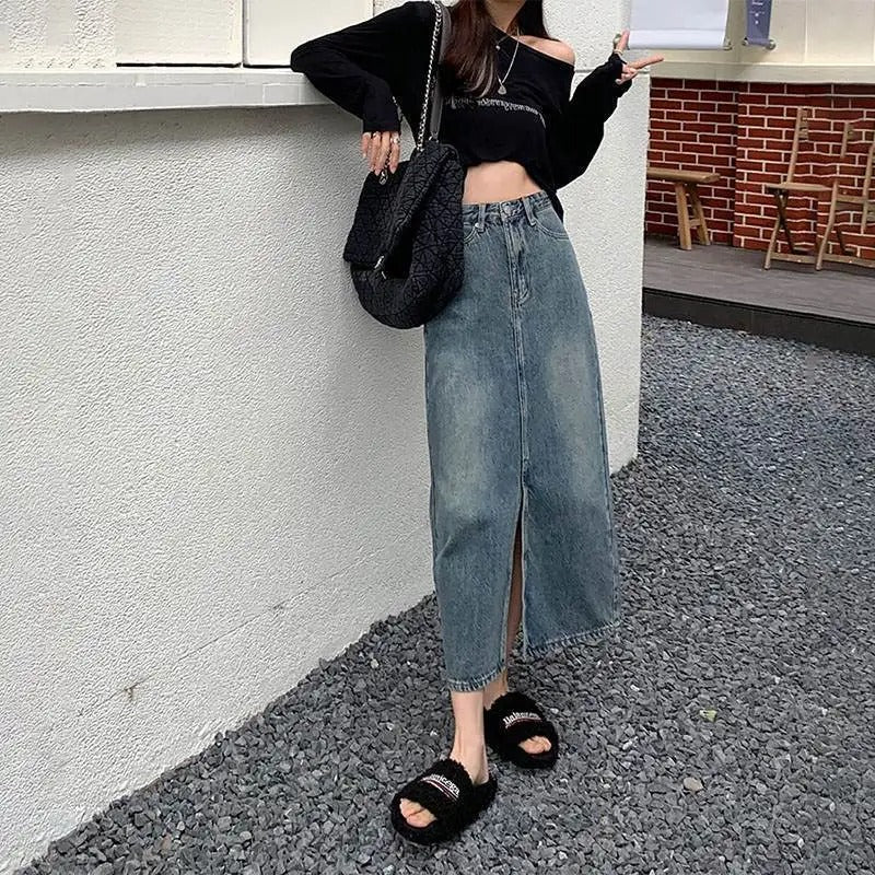 Denimkjolar - lång kjol med slitsar i mitten, hög midja - Perfekt för vår och sommar