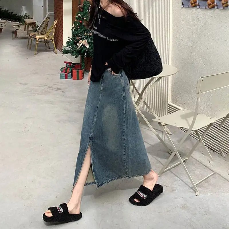 Denimkjolar - lång kjol med slitsar i mitten, hög midja - Perfekt för vår och sommar