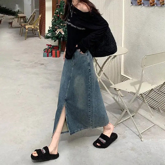 Denimkjolar - lång kjol med slitsar i mitten, hög midja - Perfekt för vår och sommar