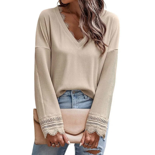 Sofia grovstickad V-ringad med fleece dam blus