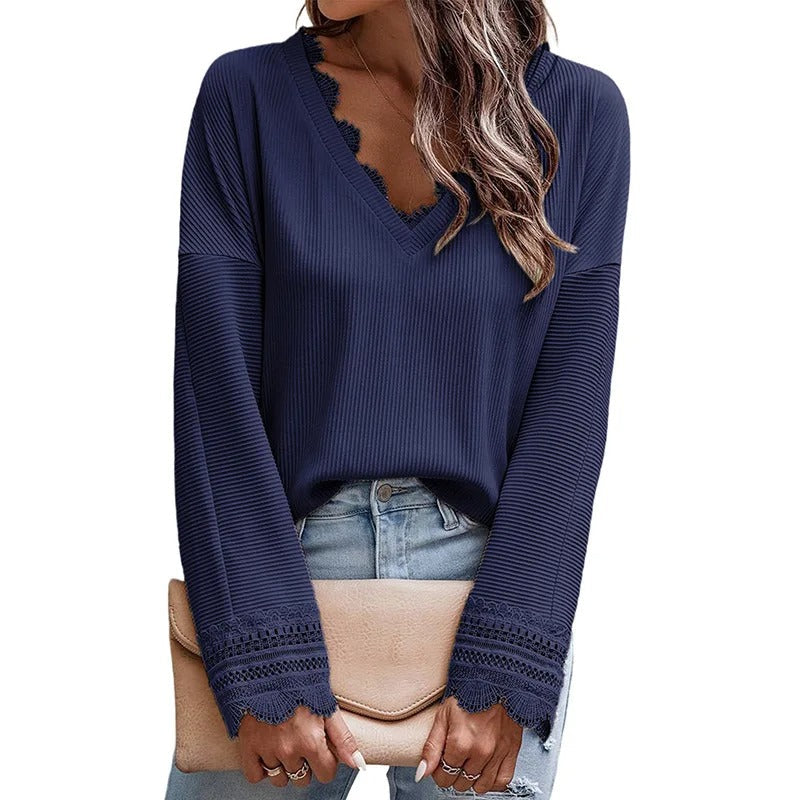 Sofia grovstickad V-ringad med fleece dam blus