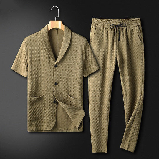 Herrkläder - Bekvämt set - Kortärmade toppar med knäppning och byxor med dragsko - Perfekt för vår- och sommarkläder