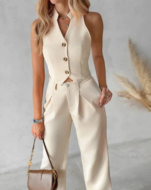 Damkläder - Höftset - ärmlös crop top med mittknapp och byxa - Perfekt för vardags- och sommarkläder