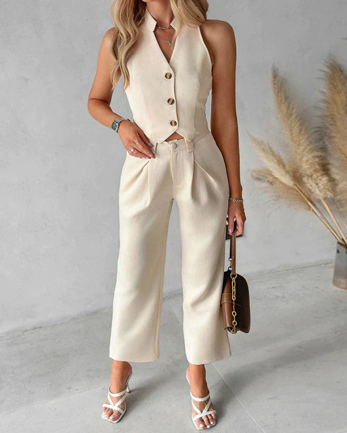 Damkläder - Höftset - ärmlös crop top med mittknapp och byxa - Perfekt för vardags- och sommarkläder
