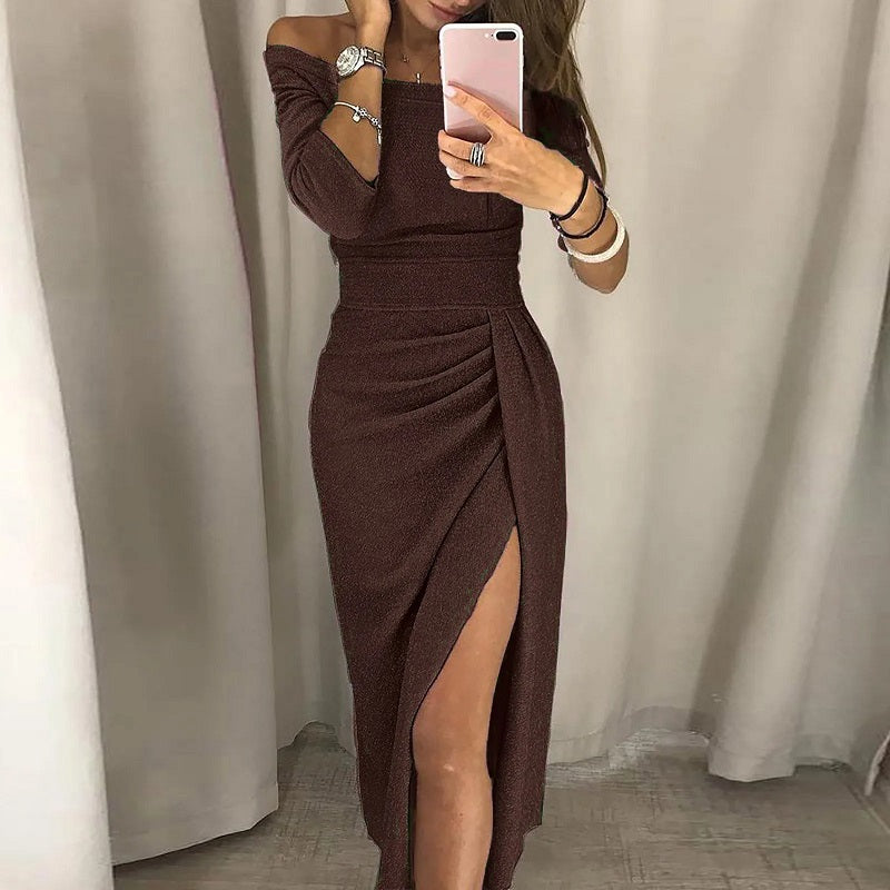 Elegant off-the-shoulder klänning med hög slits för kvinnor