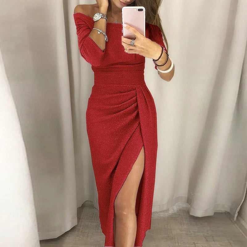 Elegant off-the-shoulder klänning med hög slits för kvinnor