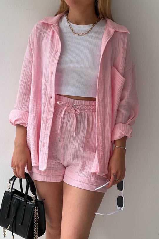 Damkläder - Långärmade toppar och shorts med mittknappar - Perfekt för vardags- och sommarkläder