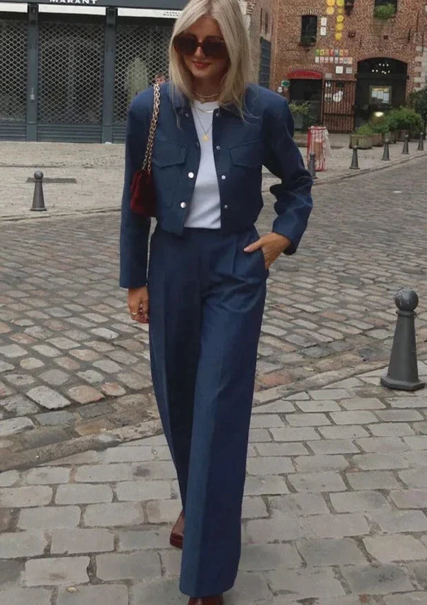 Damkläder - Enfärgade Streetwear, långärmad jacka med mittknappar och långbyxor - perfekt för vardags- och sommarkläder