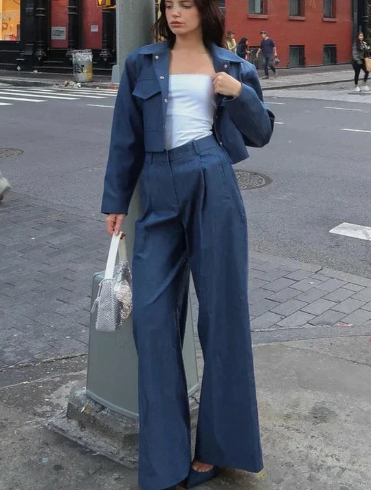 Damkläder - Enfärgade Streetwear, långärmad jacka med mittknappar och långbyxor - perfekt för vardags- och sommarkläder