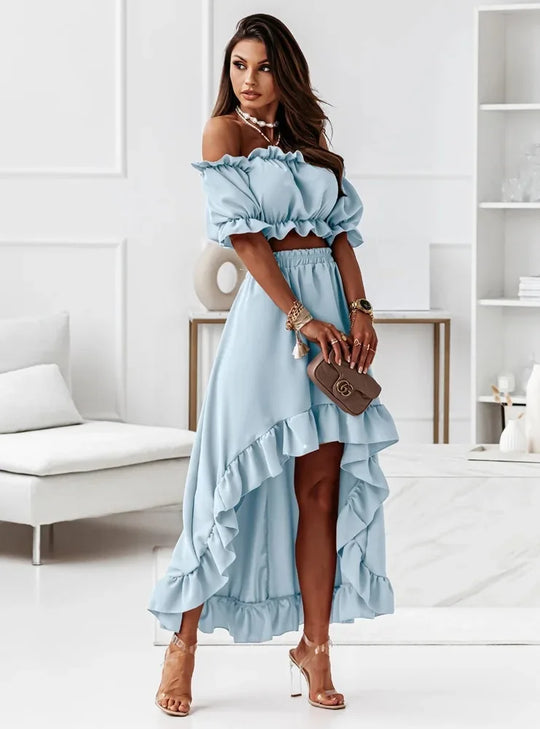 Damkläder - Off Shoulder volanger korta toppar och långa kjolar bak - Perfekt för vardags- och sommarkläder