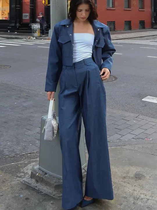 Damkläder - Enfärgade Streetwear, långärmad jacka med mittknappar och långbyxor - perfekt för vardags- och sommarkläder