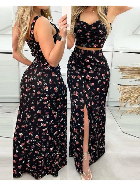 Damkläder - Blommönster - ärmlösa croptops och långa kjolar med slitsar - Perfekt för vardags- och sommarkläder