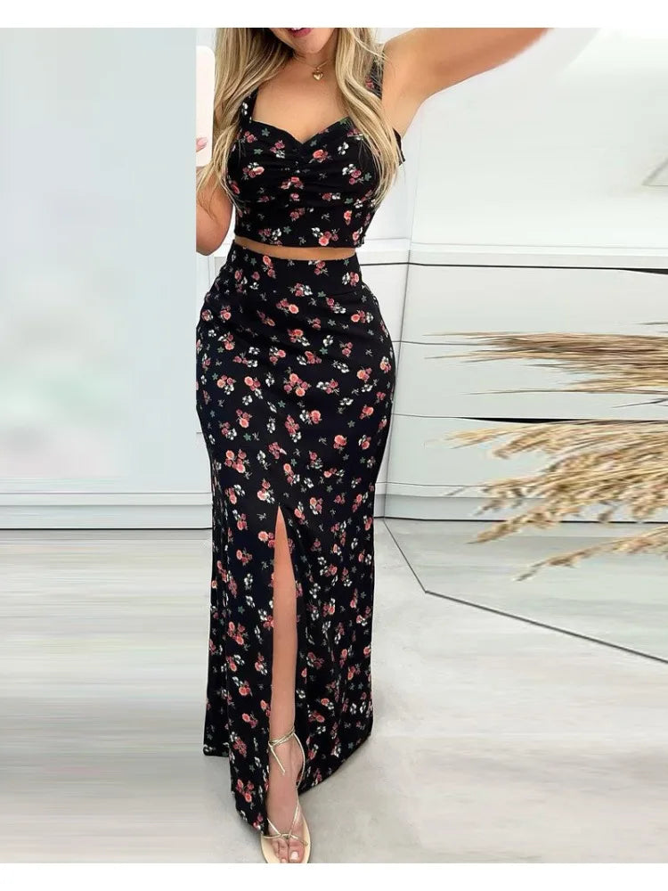 Damkläder - Blommönster - ärmlösa croptops och långa kjolar med slitsar - Perfekt för vardags- och sommarkläder