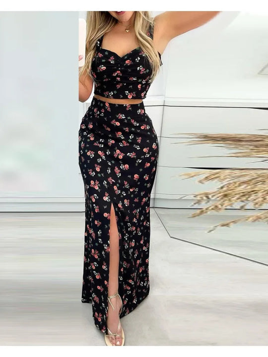 Damkläder - Blommönster - ärmlösa croptops och långa kjolar med slitsar - Perfekt för vardags- och sommarkläder