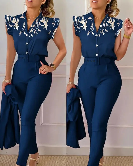 Damkläder - Office Set - ärmlös crop top med mittknapp och byxor - Perfekt för vardags- och sommarkläder