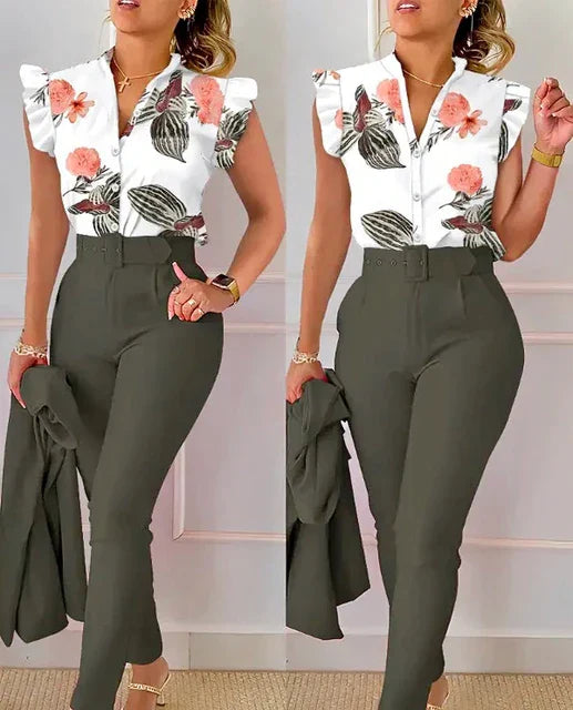 Damkläder - Office Set - ärmlös crop top med mittknapp och byxor - Perfekt för vardags- och sommarkläder