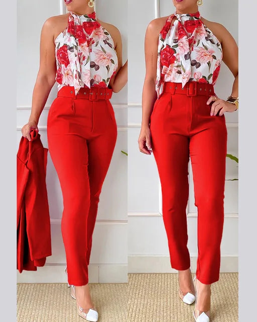 Damkläder - Office Set - ärmlös crop top med mittknapp och byxor - Perfekt för vardags- och sommarkläder