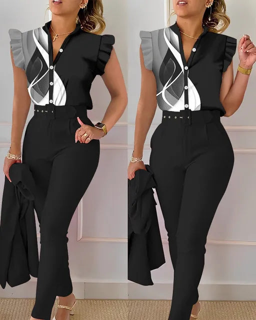 Damkläder - Office Set - ärmlös crop top med mittknapp och byxor - Perfekt för vardags- och sommarkläder