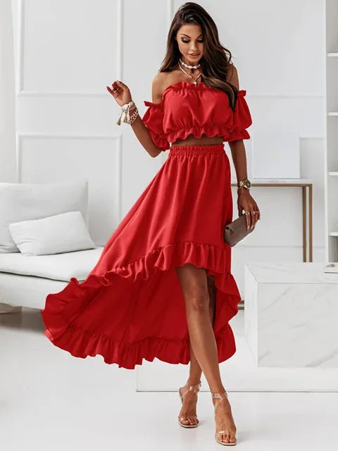 Damkläder - Off Shoulder volanger korta toppar och långa kjolar bak - Perfekt för vardags- och sommarkläder