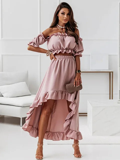 Damkläder - Off Shoulder volanger korta toppar och långa kjolar bak - Perfekt för vardags- och sommarkläder
