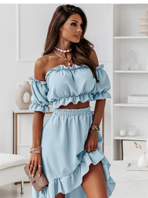 Damkläder - Off Shoulder volanger korta toppar och långa kjolar bak - Perfekt för vardags- och sommarkläder