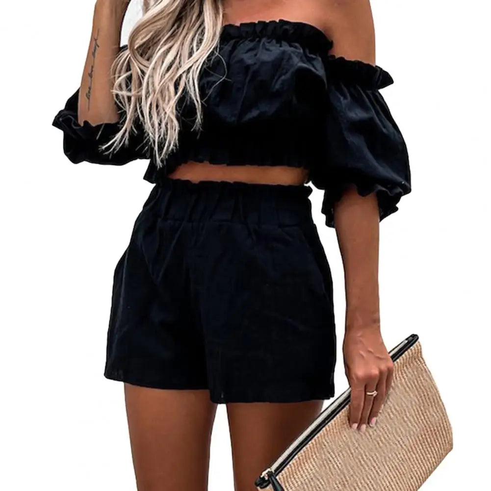 Damkläder - Off-shoulder strumpebandstoppar och shorts - Perfekt för vardags- och sommarkläder