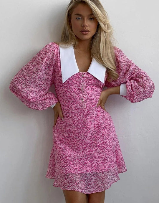 Sommarklänning - Halvgenomskinlig långärmad med vit krage - rosa