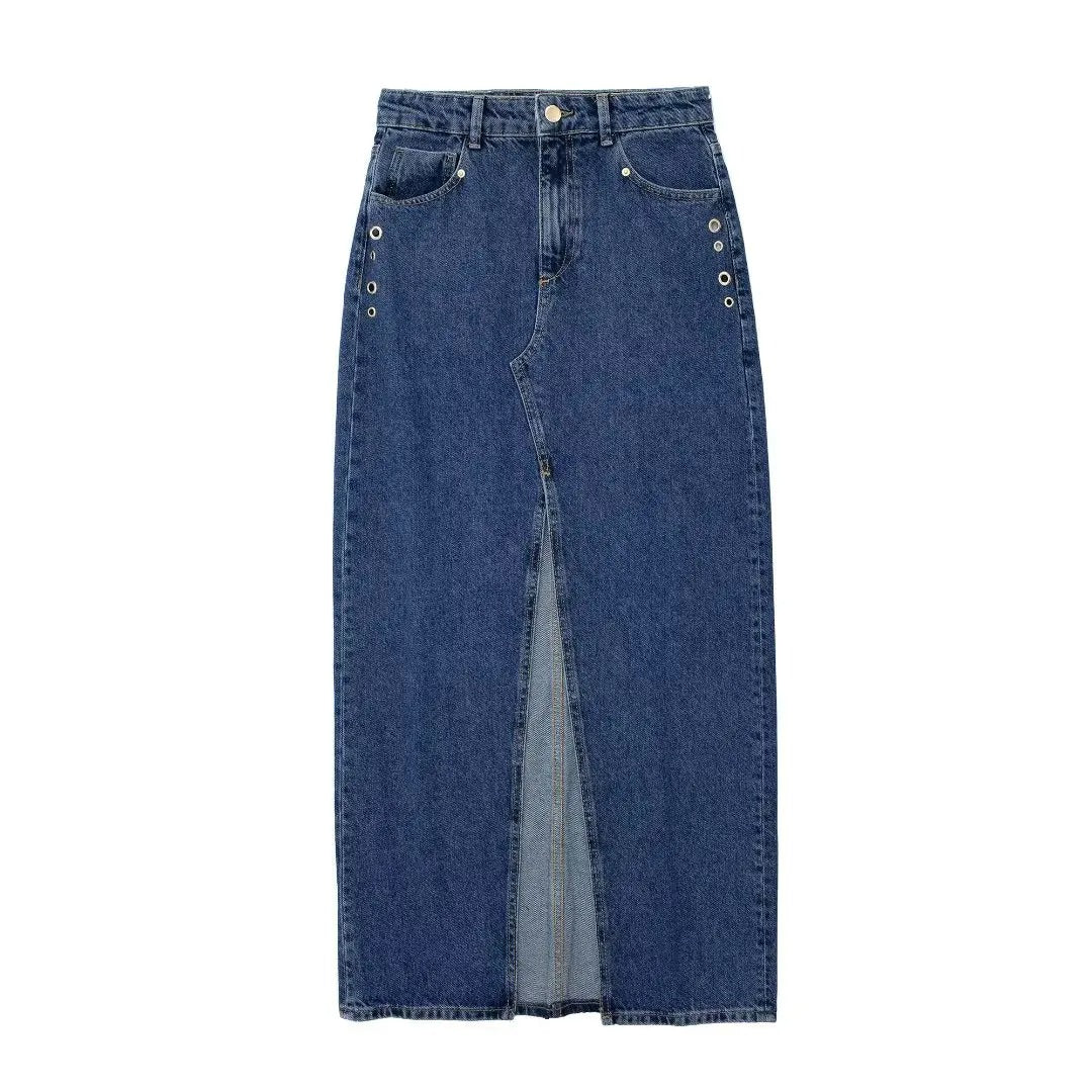 Denimkjolar - Vintage-sömnadsdetaljer med slitsar i mitten och knappdesign - Perfekt för våren och sommaren